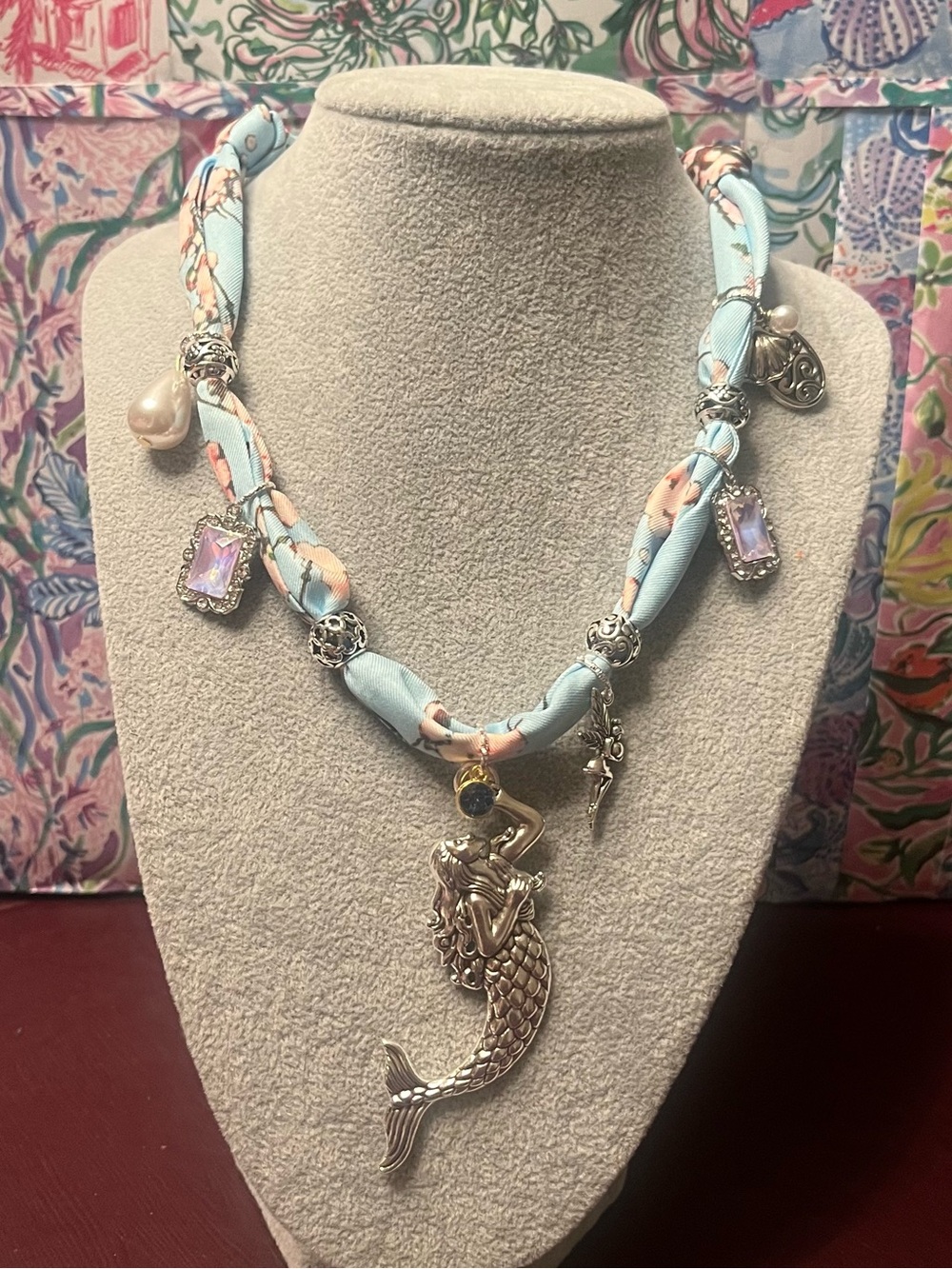 Boho Mermaid Scarf Charm Blue & Pink Pendant Necklace